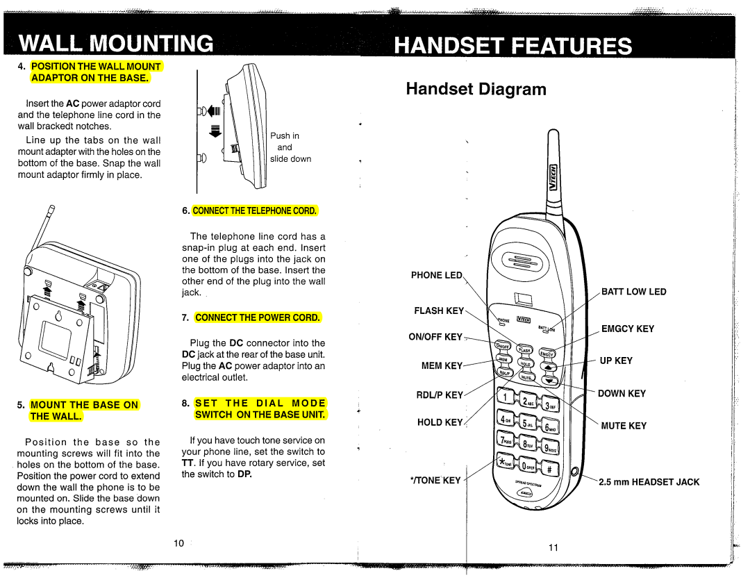 VTech VT 1980, VT-1981 manual Handset Diagram, Connectthe Telephone Cord, Mount The Base On The Wall 