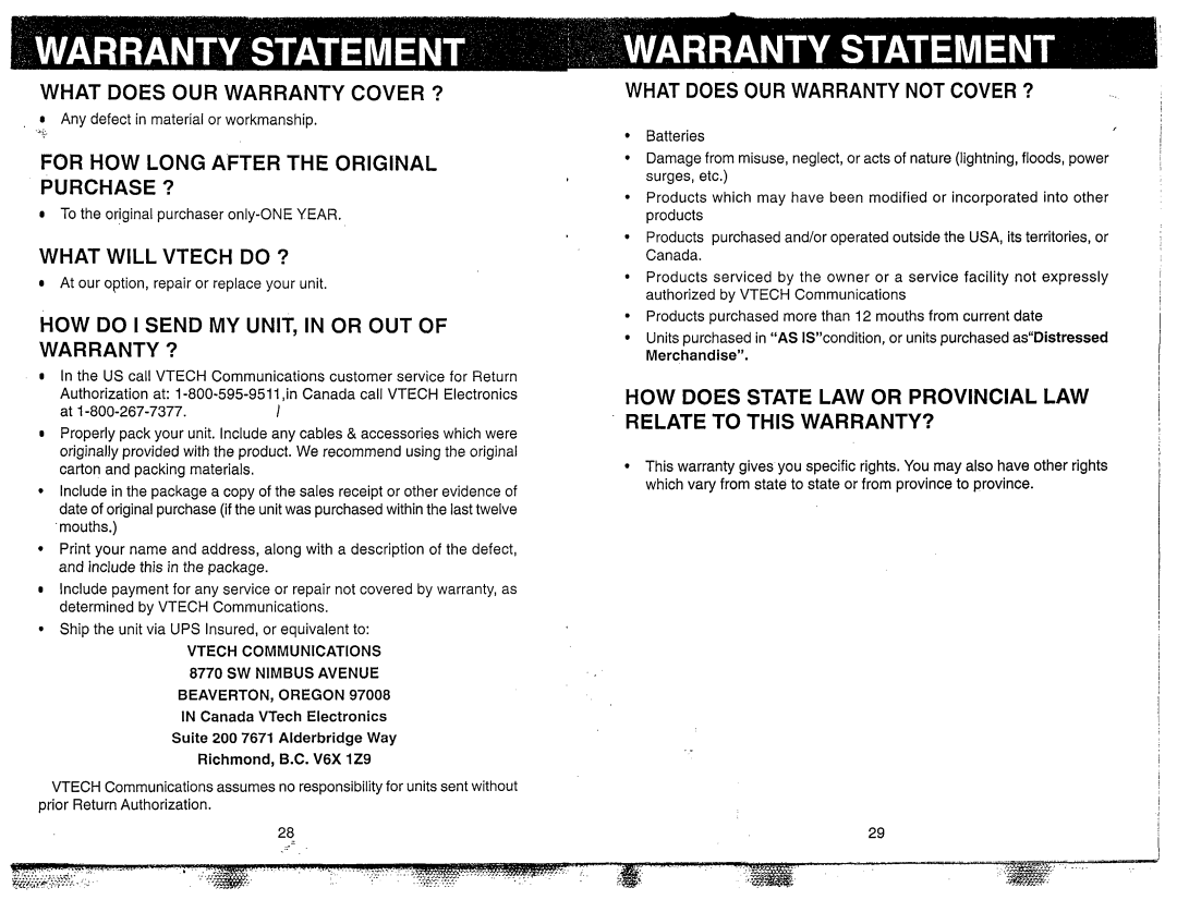 VTech VT 1981 manual What does OUR Warranty Cover ?, For HOW Long After the Original Purchase ?, What will Vtech do ? 