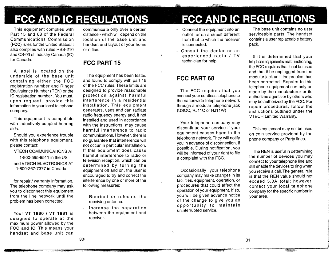 VTech VT 1981 manual FCC Part, Vtech Communications AT, Vtech Electronics AT Canada 