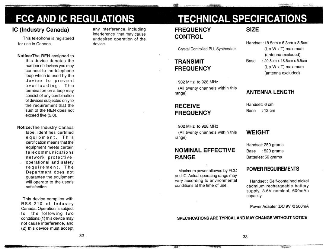 VTech VT 1981 Frequency Control, Transmit Frequency, Receive Frequency, Nominal Effective Range, Size, Antenna Length 