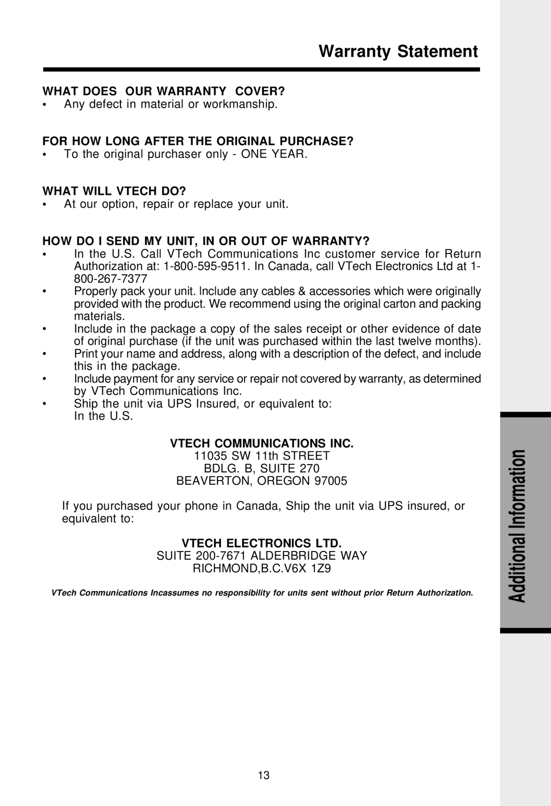 VTech VT-2420 manual Warranty Statement, HOW do I Send MY UNIT, in or OUT of WARRANTY? 