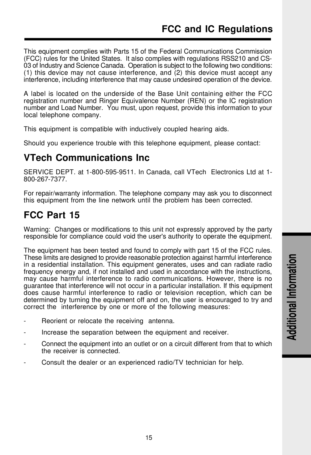 VTech VT-2420 manual FCC and IC Regulations, VTech Communications Inc, FCC Part 