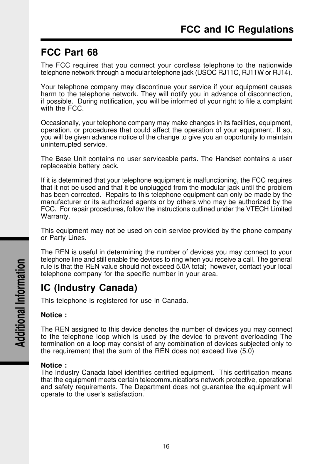 VTech VT-2420 manual FCC and IC Regulations FCC Part, IC Industry Canada 