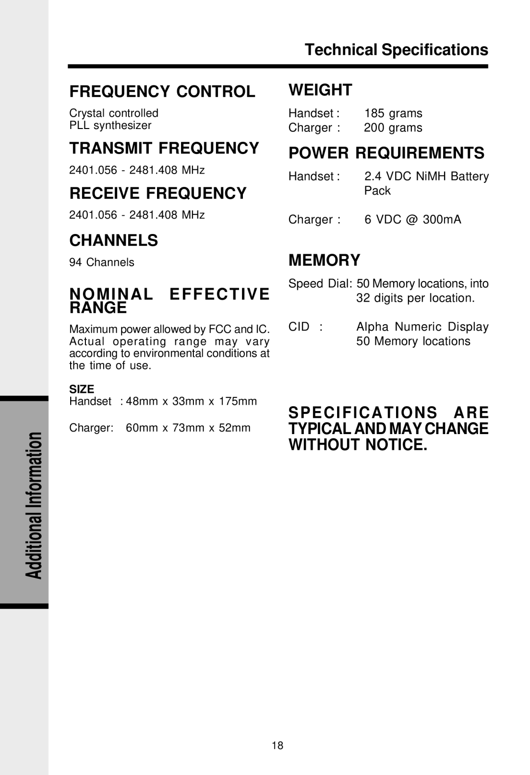 VTech VT-2420 manual Technical Specifications, Nominal Effective Range 