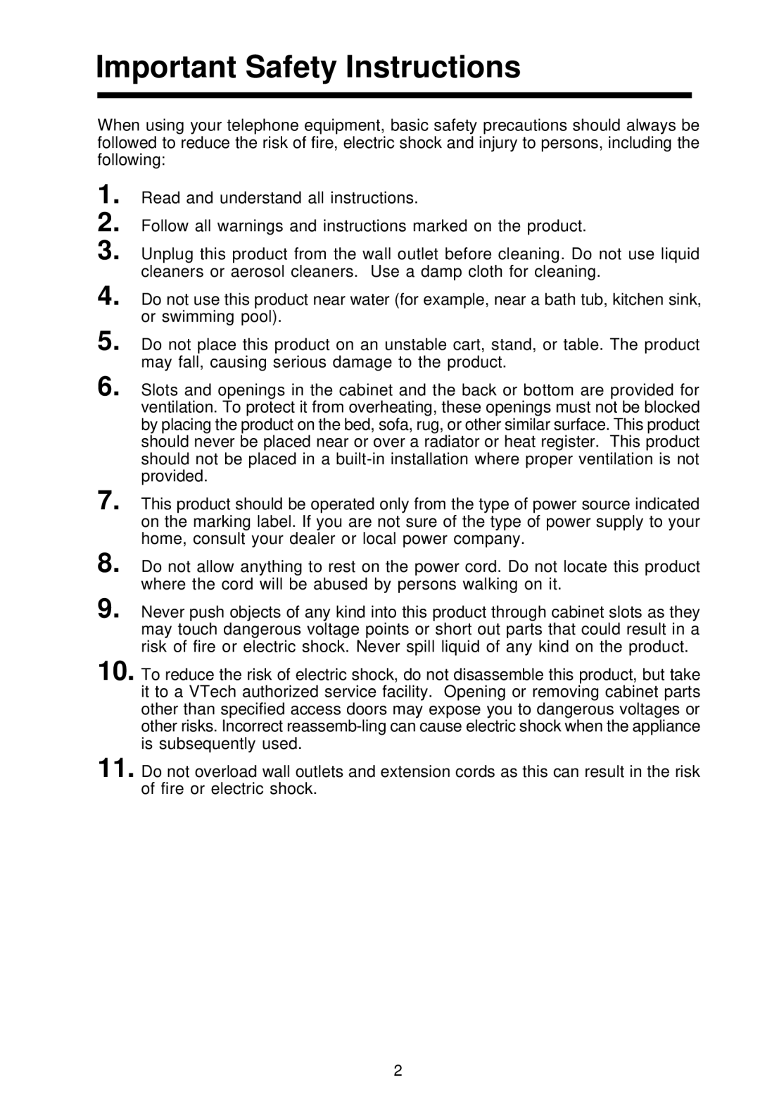 VTech VT-2420 manual Important Safety Instructions 