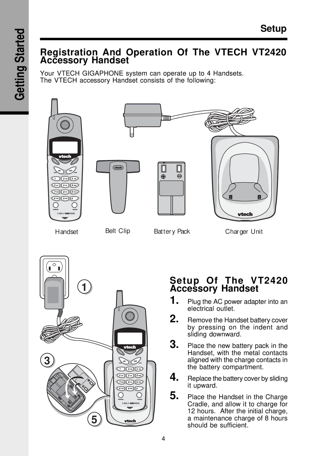 VTech VT-2420 manual Getting Started, Setup Of The VT2420 Accessory Handset 