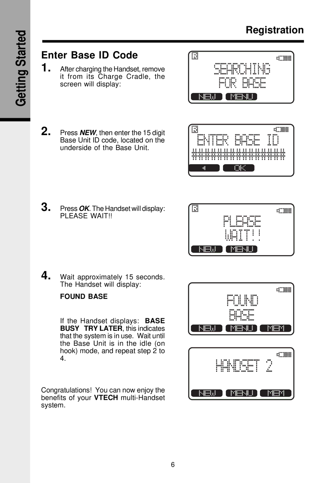 VTech VT-2420 manual Enter Base ID Code, Registration 