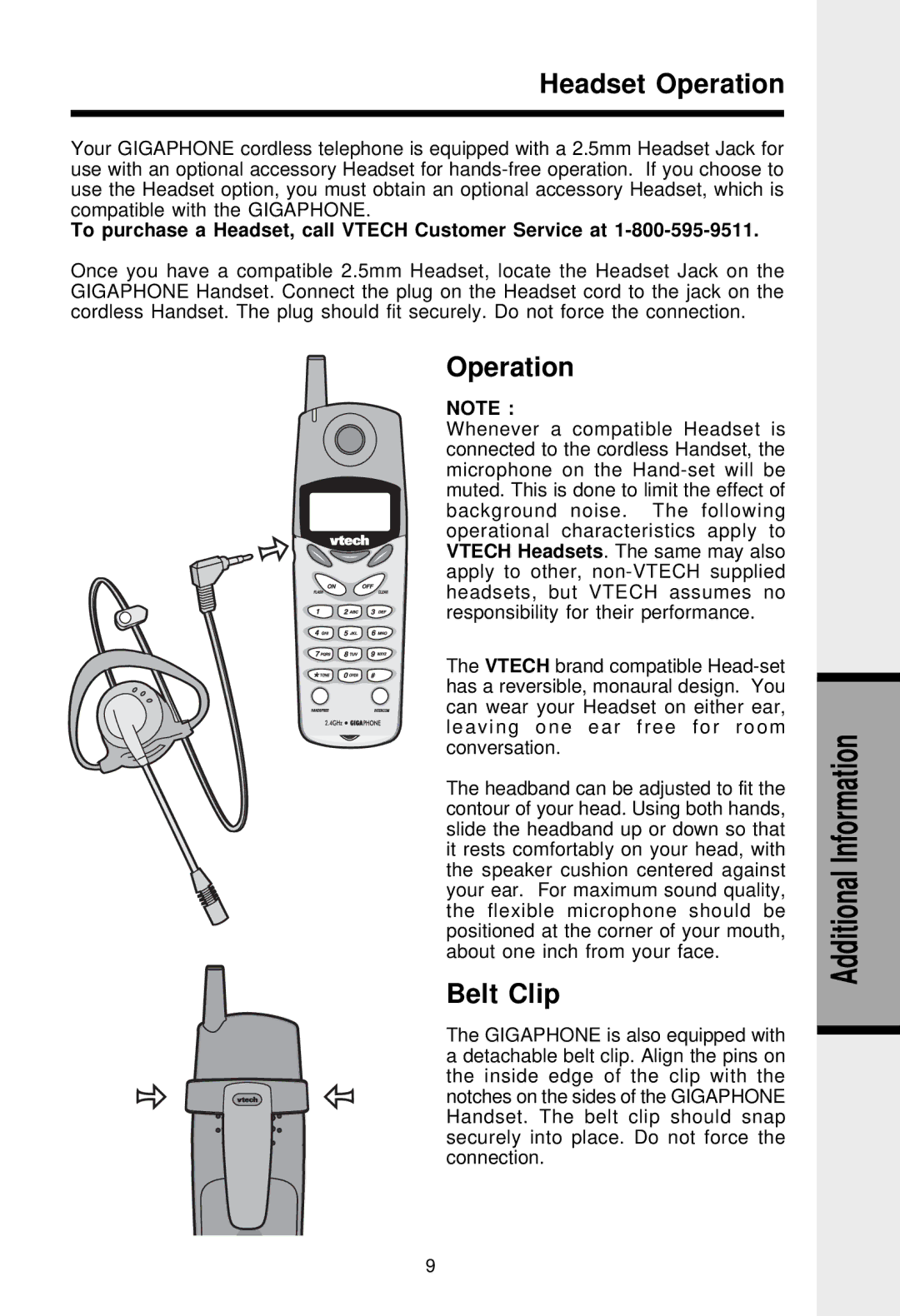 VTech VT-2420 manual Headset Operation, Belt Clip 