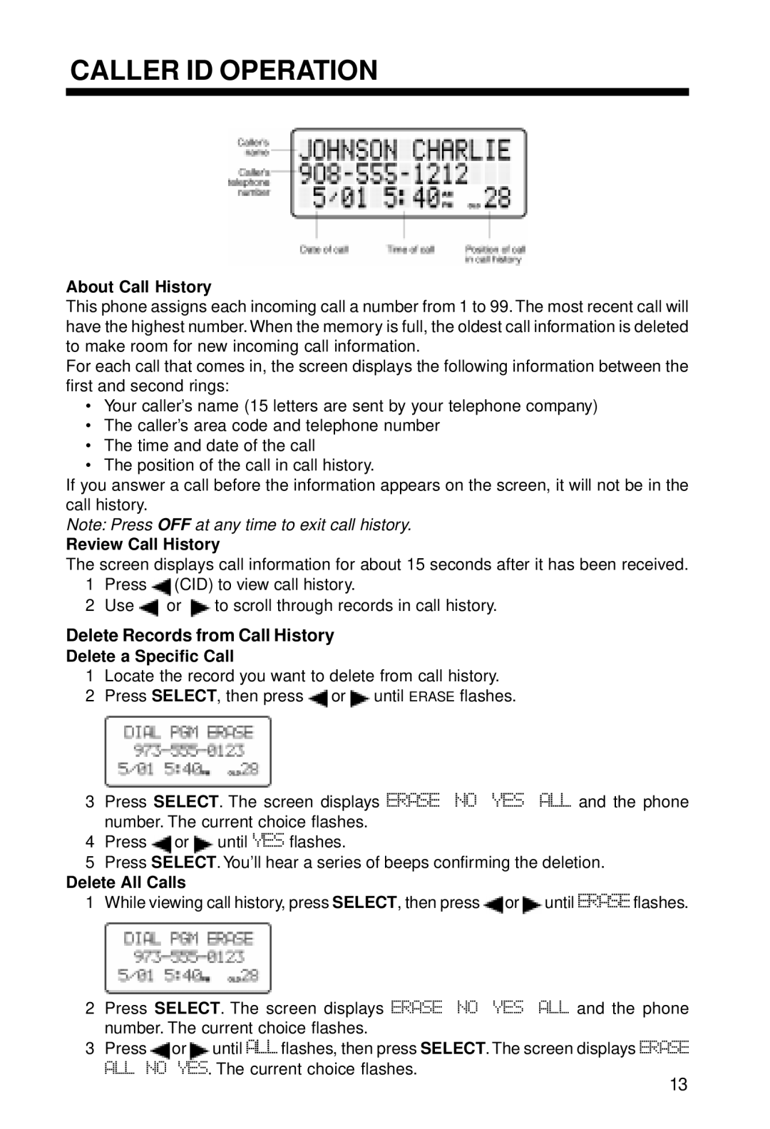 VTech VT 2428 manual Caller ID Operation, About Call History, Review Call History, Delete a Specific Call, Delete All Calls 