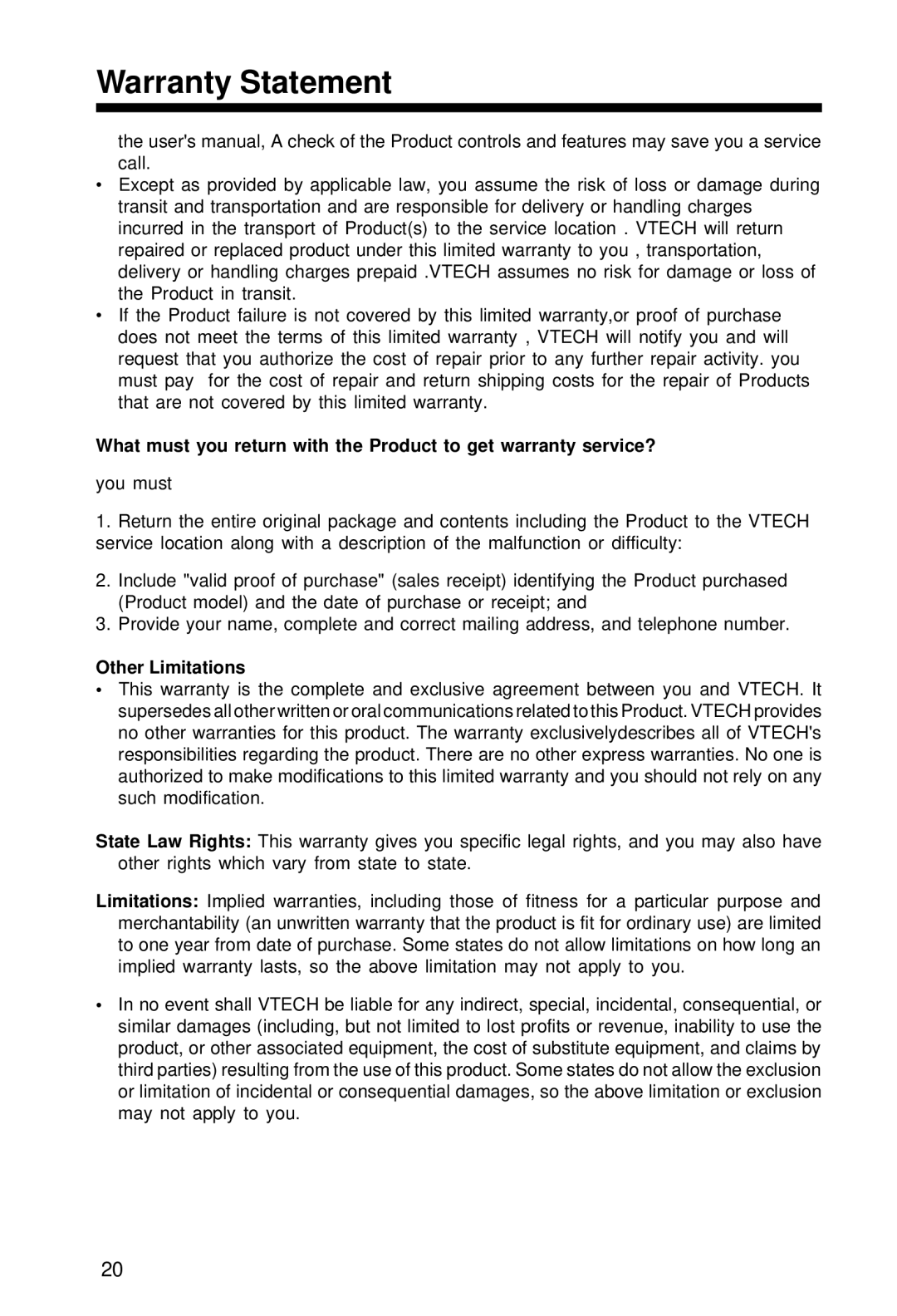 VTech VT 2428 manual Other Limitations 