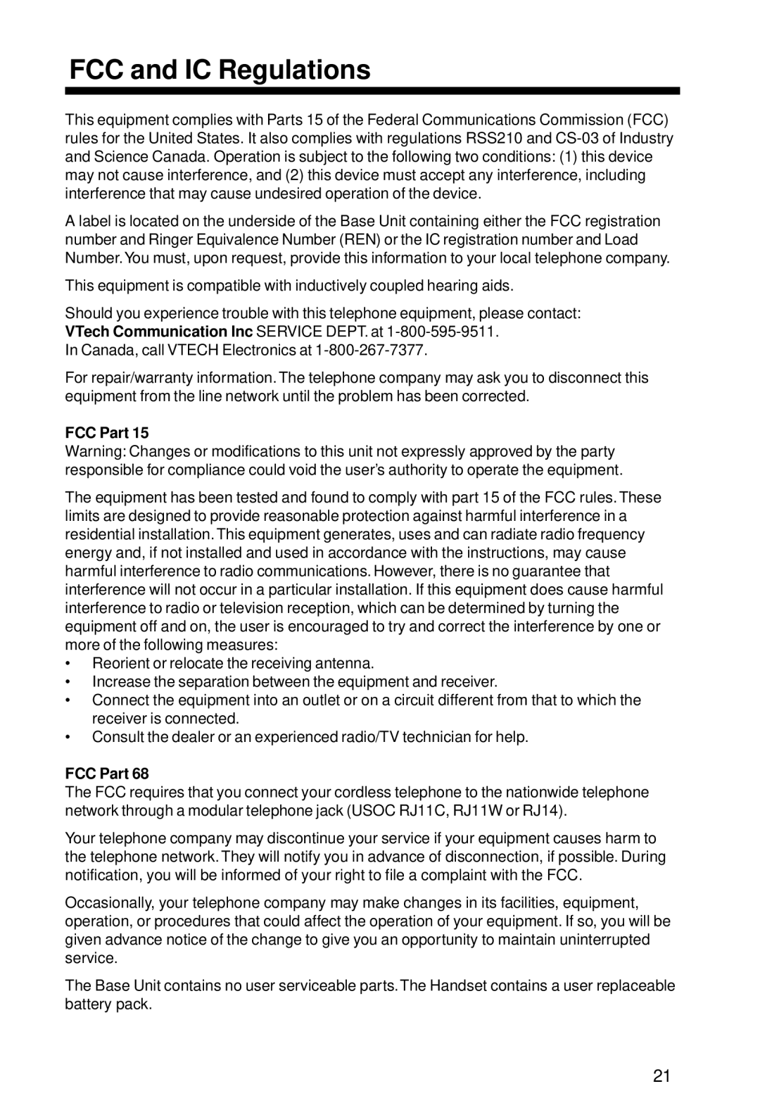 VTech VT 2428 manual FCC and IC Regulations, FCC Part 