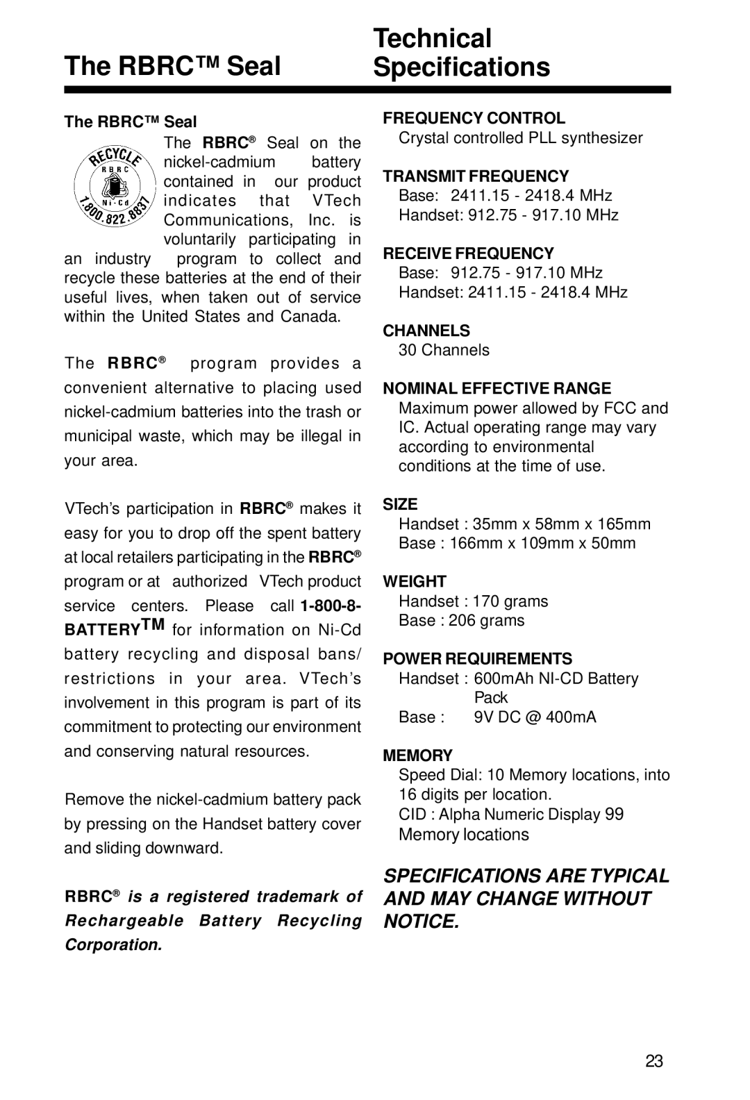 VTech VT 2428 manual Rbrc Seal Technical Specifications 