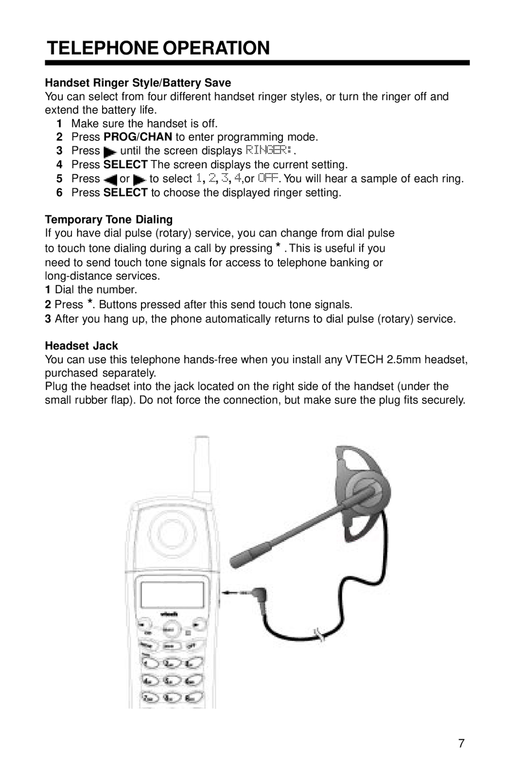 VTech VT 2428 manual Handset Ringer Style/Battery Save, Temporary Tone Dialing, Headset Jack 