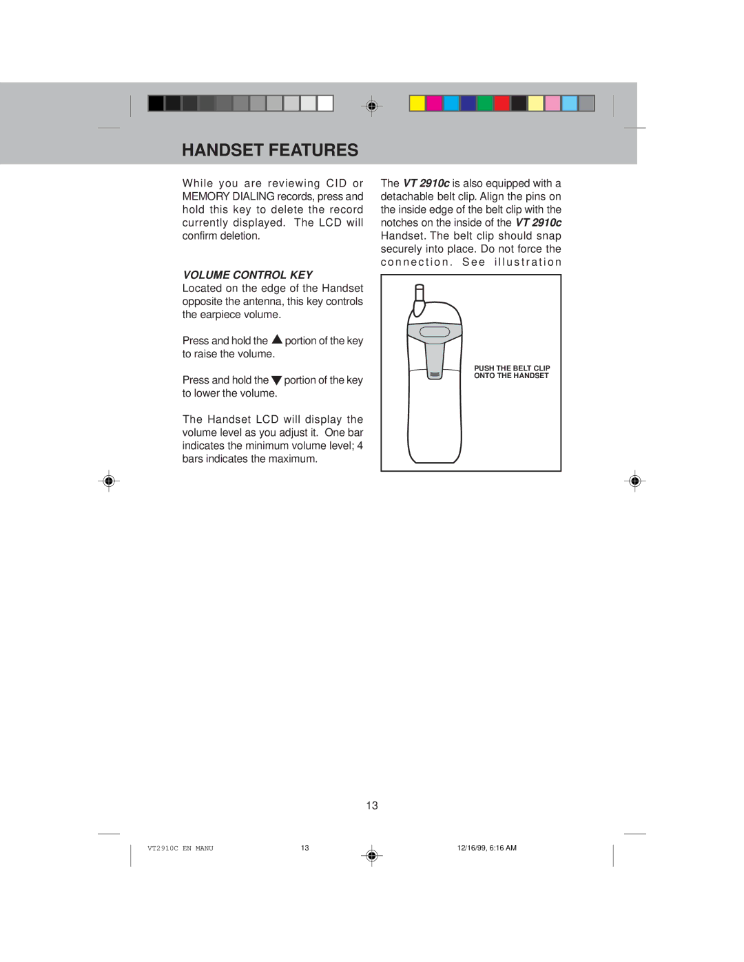 VTech VT 2910C instruction manual Volume Control KEY 