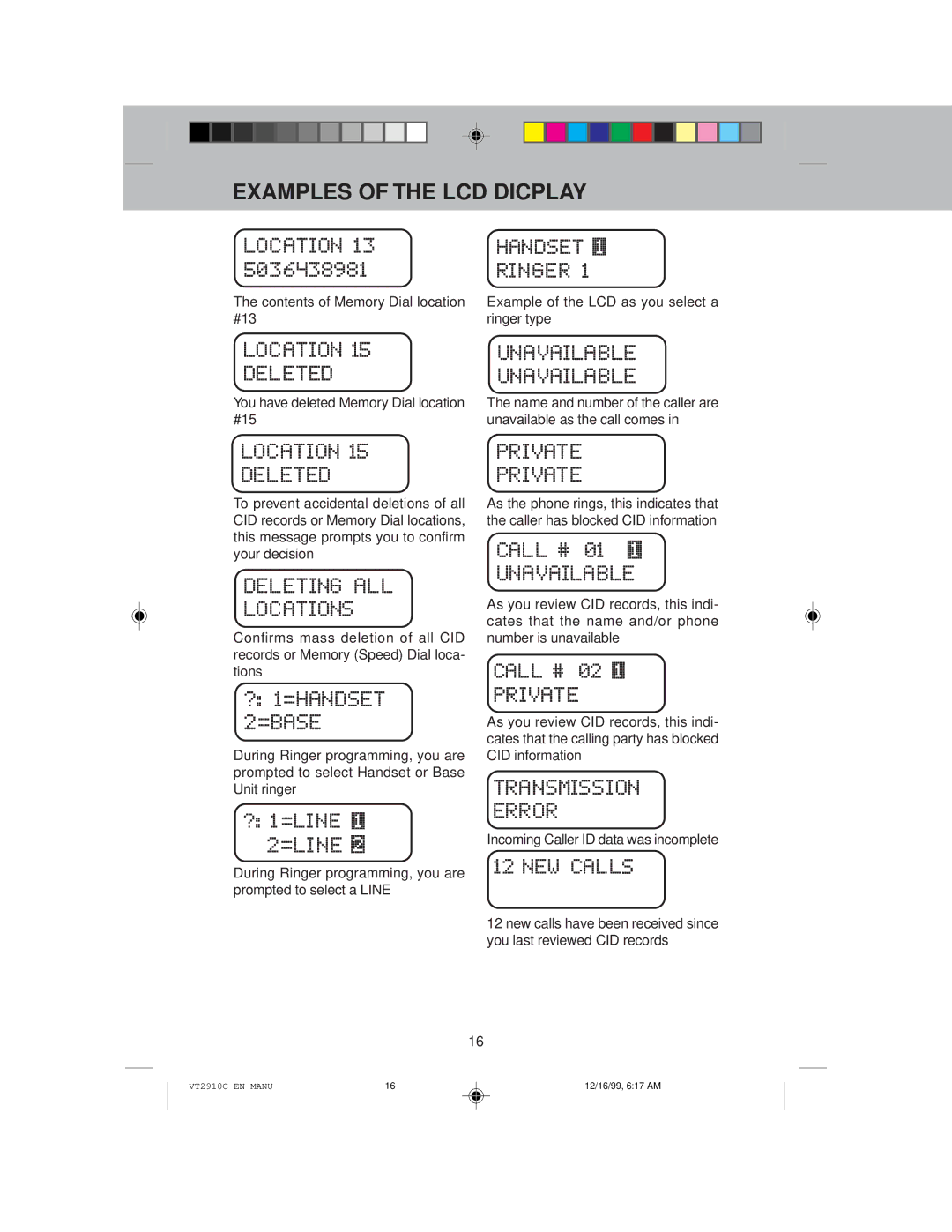 VTech VT 2910C instruction manual Examples of the LCD Dicplay 