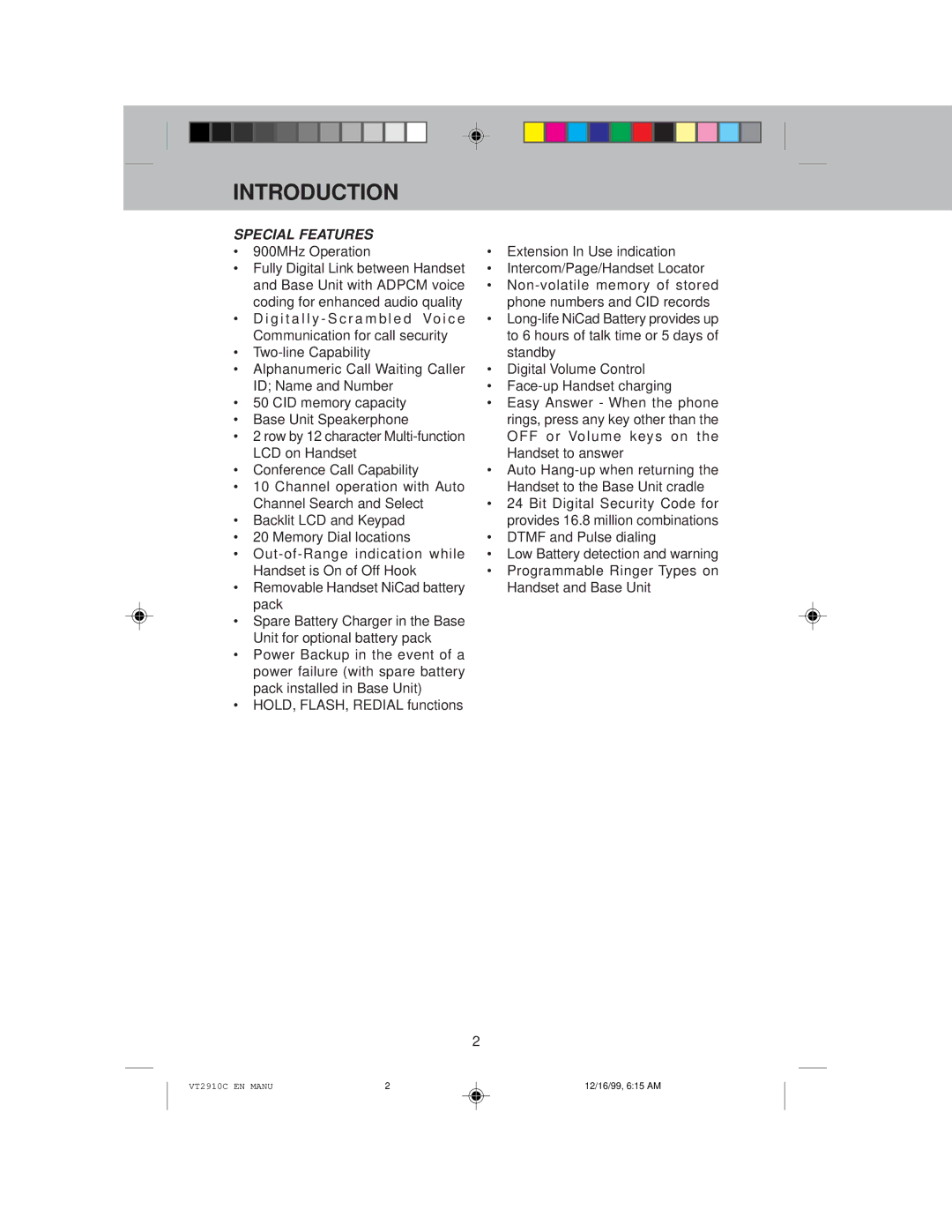 VTech VT 2910C instruction manual Special Features, 900MHz Operation Fully Digital Link between Handset 