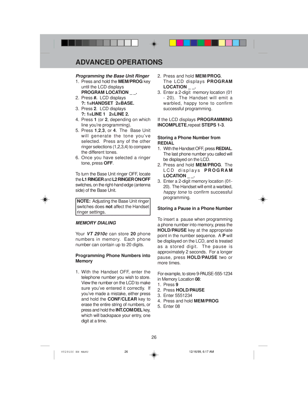 VTech VT 2910C instruction manual Programming the Base Unit Ringer, Memory Dialing, Location, Redial 