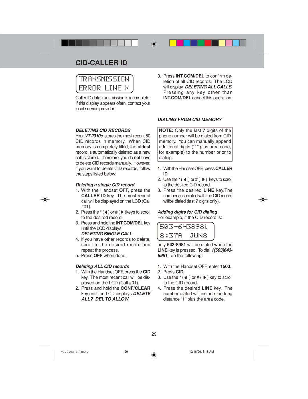 VTech VT 2910C Dialing from CID Memory Deleting CID Records, Deleting a single CID record, Deleting Single Call 