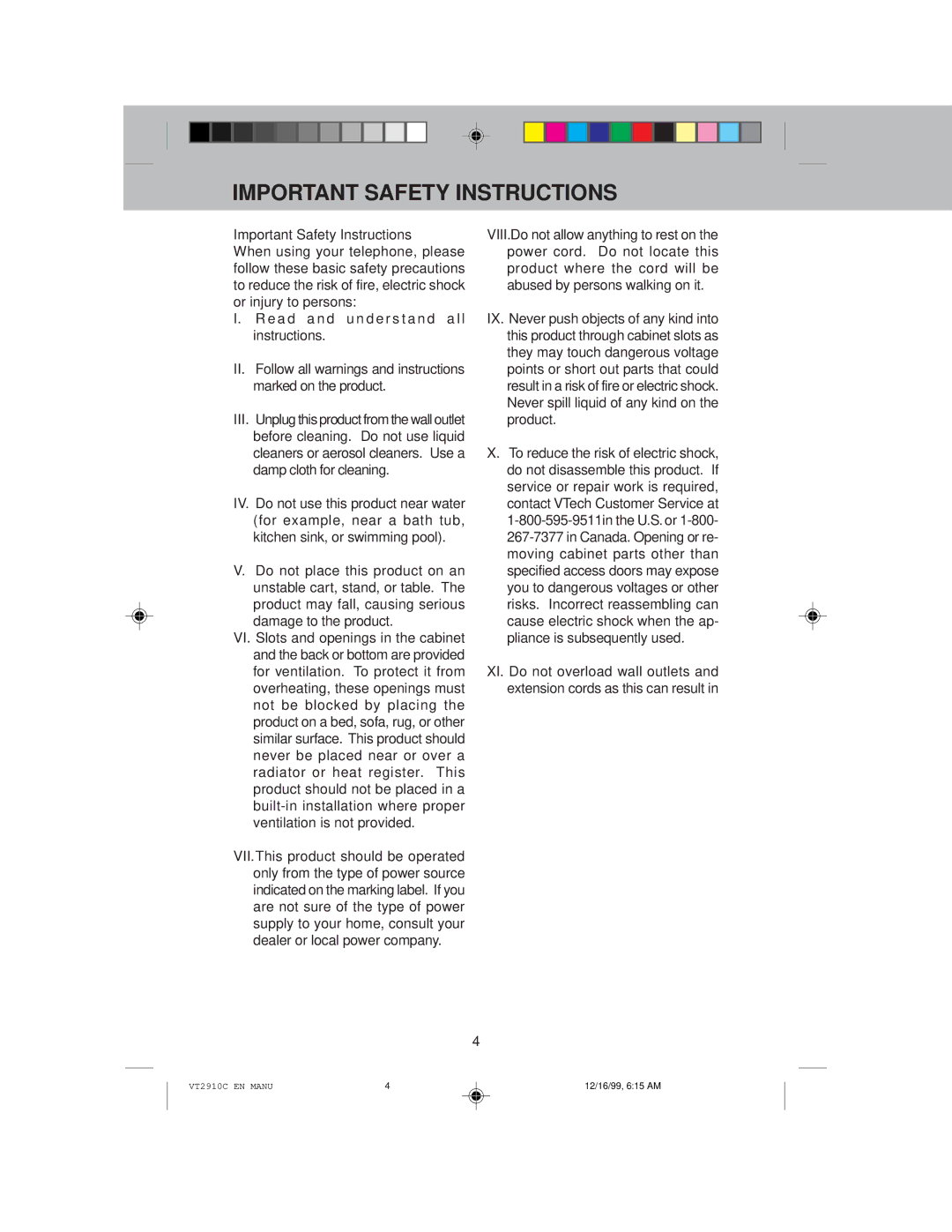 VTech VT 2910C instruction manual Important Safety Instructions 