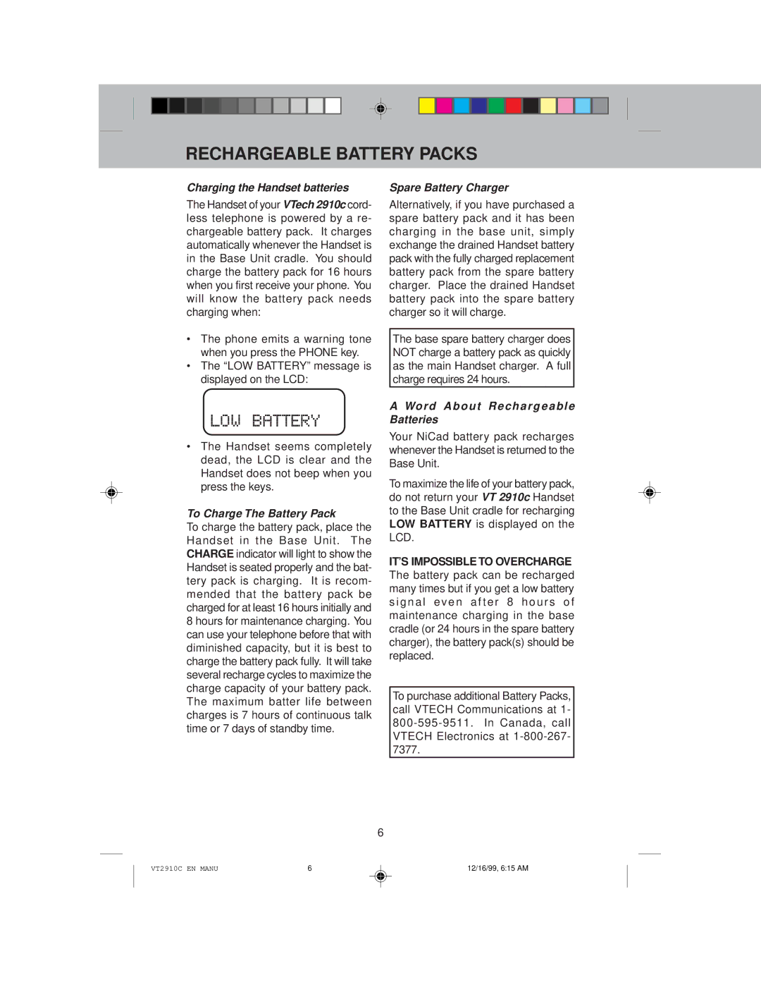 VTech VT 2910C instruction manual Rechargeable Battery Packs, Charging the Handset batteries, Spare Battery Charger 