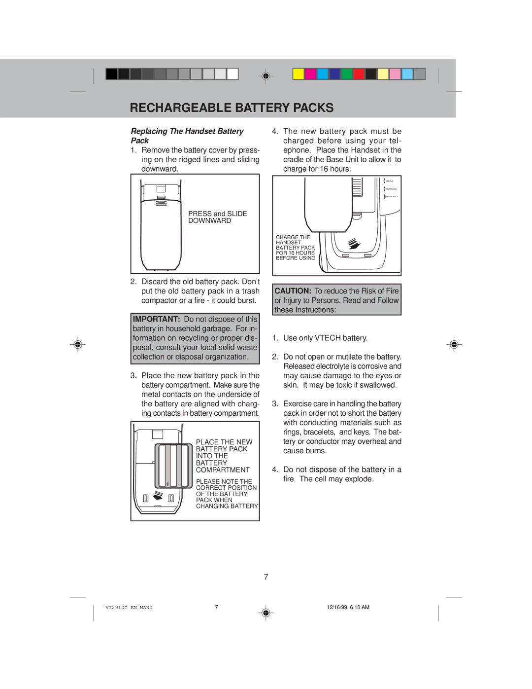 VTech VT 2910C instruction manual Replacing The Handset Battery Pack, Use only Vtech battery 