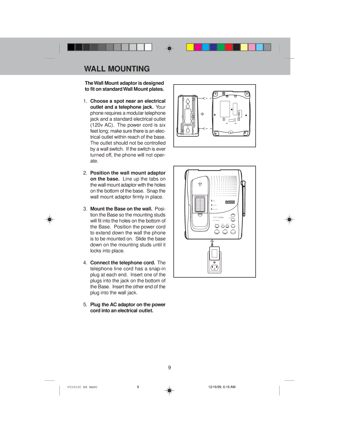 VTech VT 2910C instruction manual Wall Mounting 