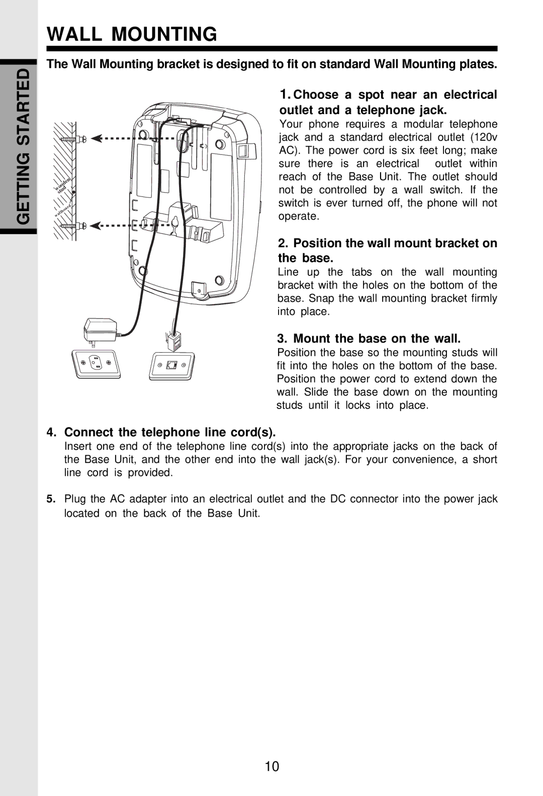 VTech VT-2931 important safety instructions Wall Mounting, Position the wall mount bracket on the base 