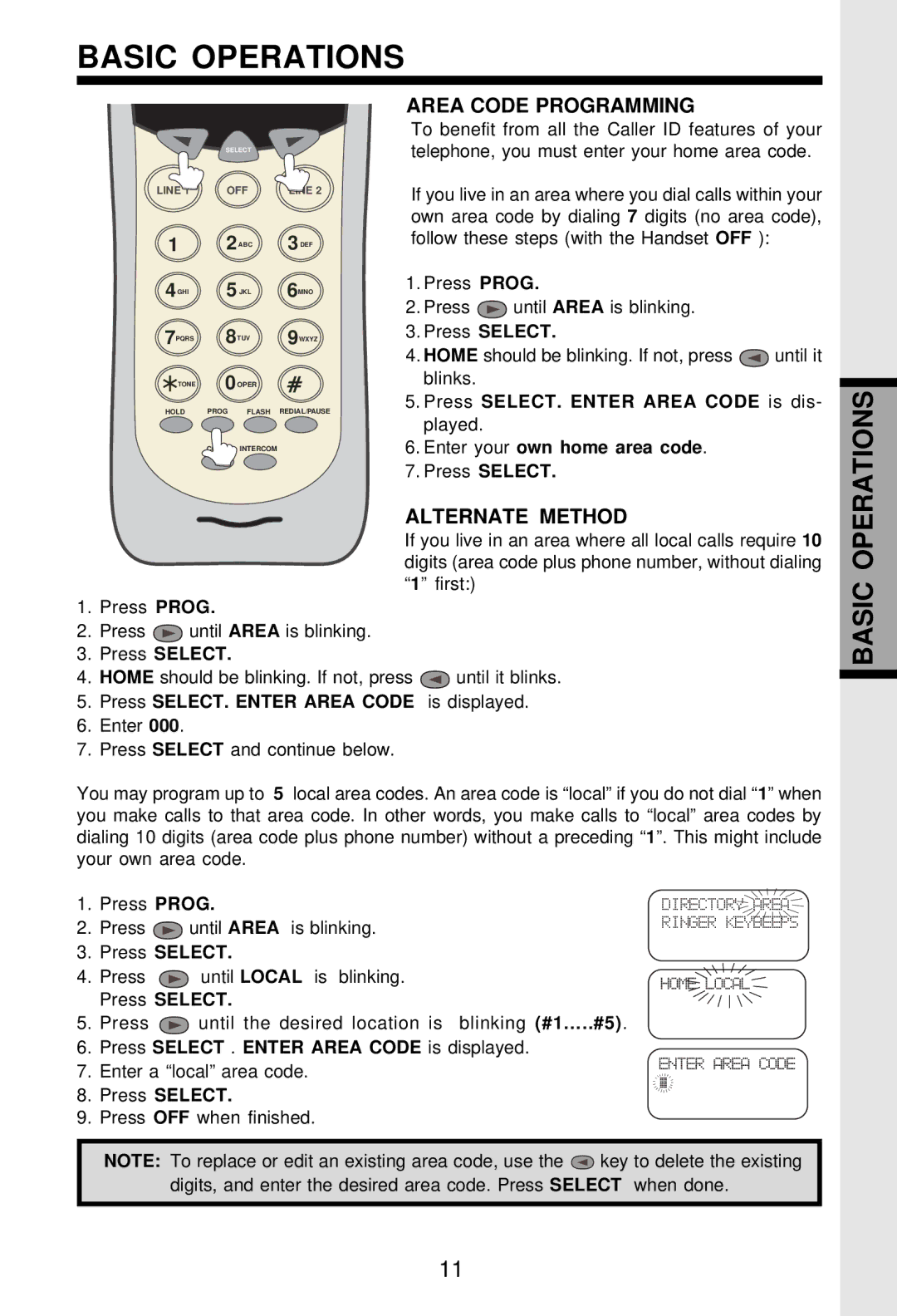 VTech VT-2931 important safety instructions Basic Operations, Area Code Programming, Alternate Method 