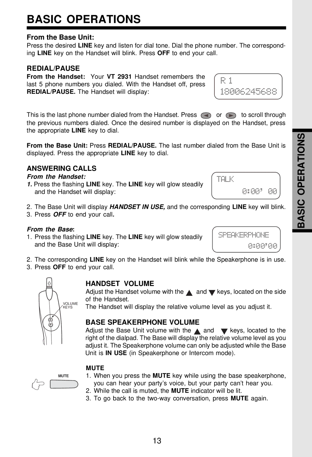 VTech VT-2931 From the Base Unit, Redial/Pause, Answering Calls, Handset Volume, Base Speakerphone Volume 