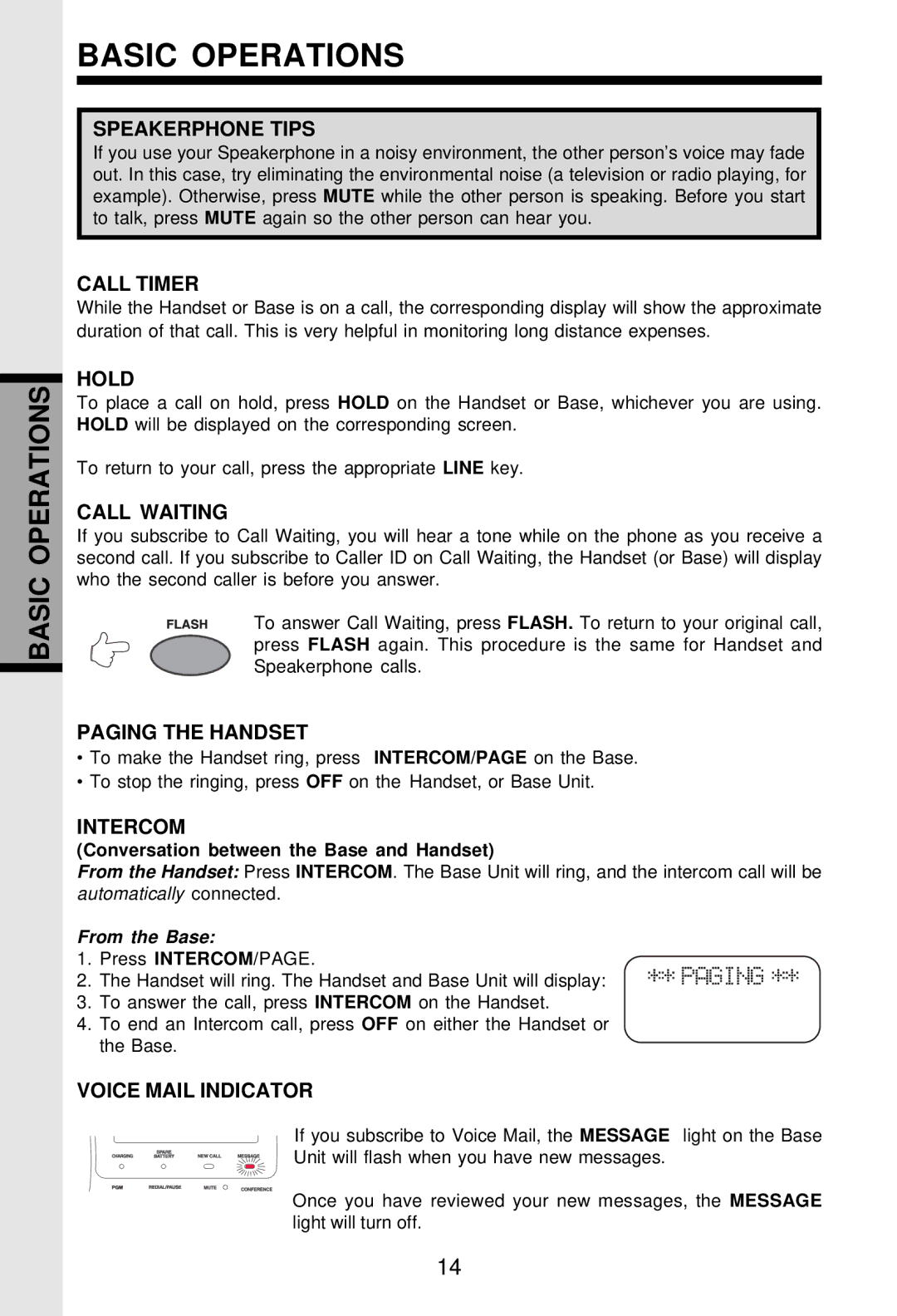 VTech VT-2931 Speakerphone Tips, Call Timer, Hold, Call Waiting, Paging the Handset, Intercom, Voice Mail Indicator 