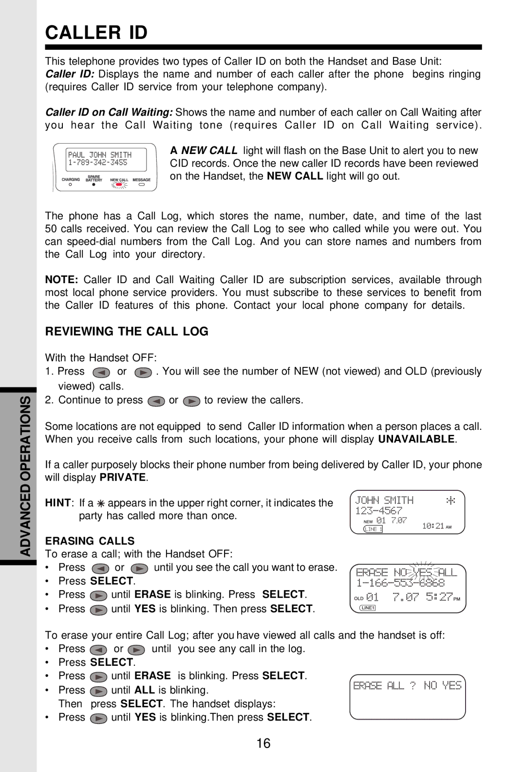 VTech VT-2931 important safety instructions Caller ID, Reviewing the Call LOG, Erasing Calls 