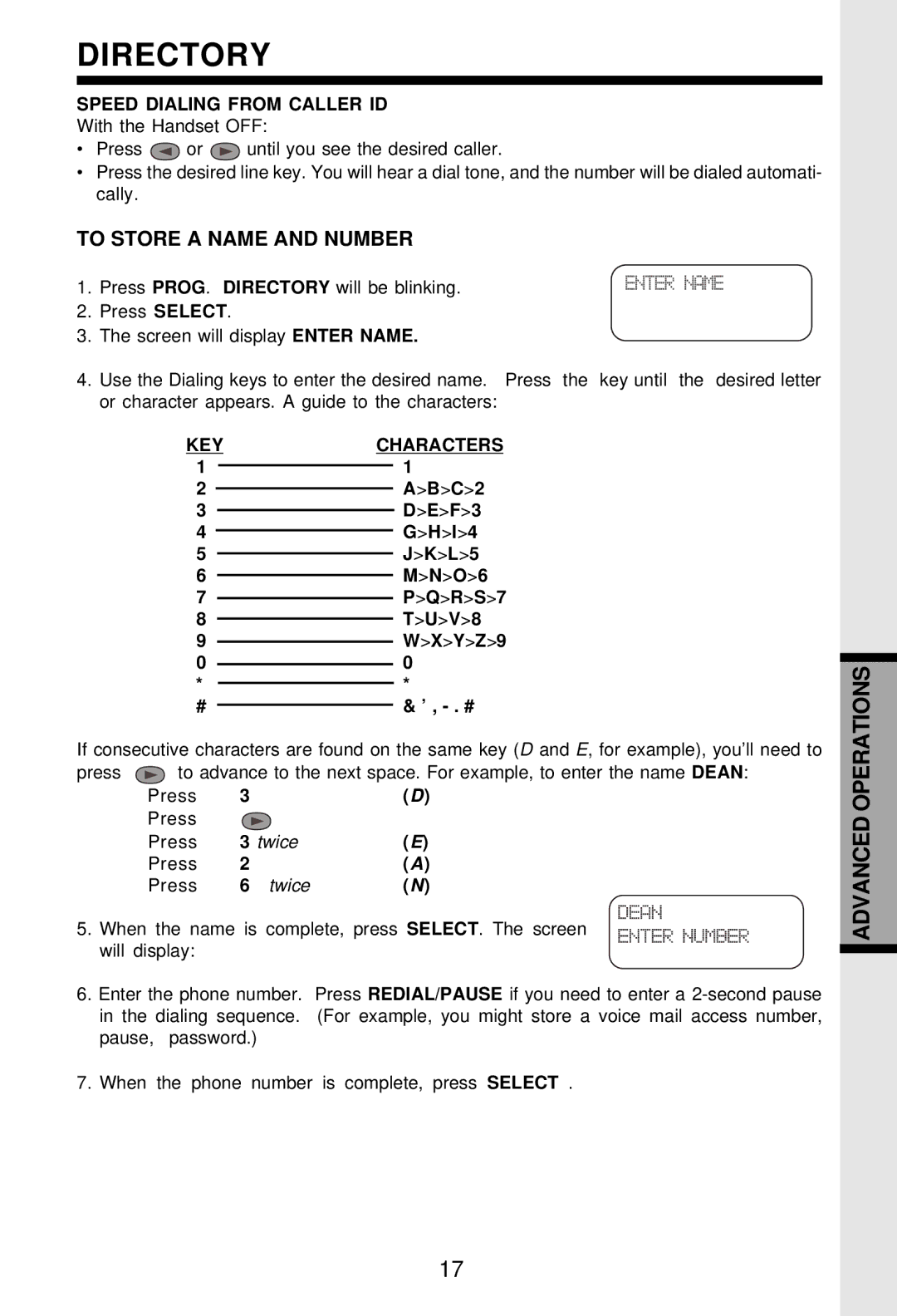 VTech VT-2931 Directory, To Store a Name and Number, Speed Dialing from Caller ID, KEY Characters 