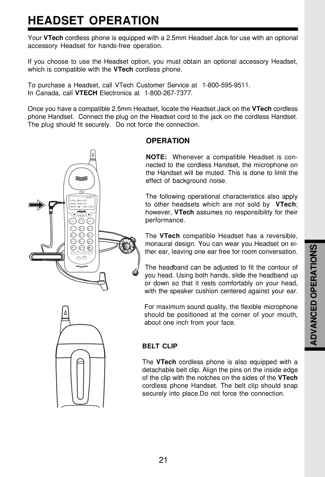 VTech VT-2931 important safety instructions Headset Operation, Belt Clip 