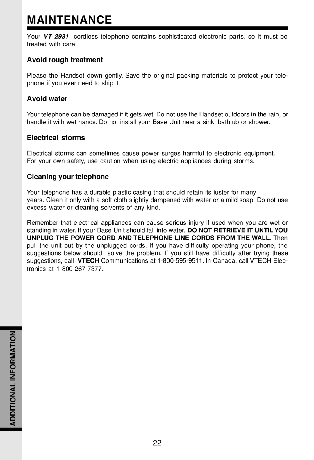 VTech VT-2931 important safety instructions Maintenance, Additional Information 