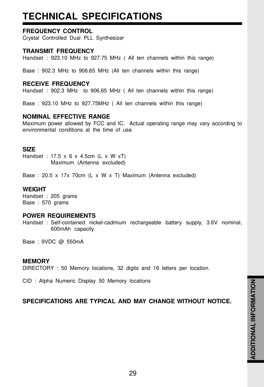 VTech VT-2931 important safety instructions Technical Specifications 