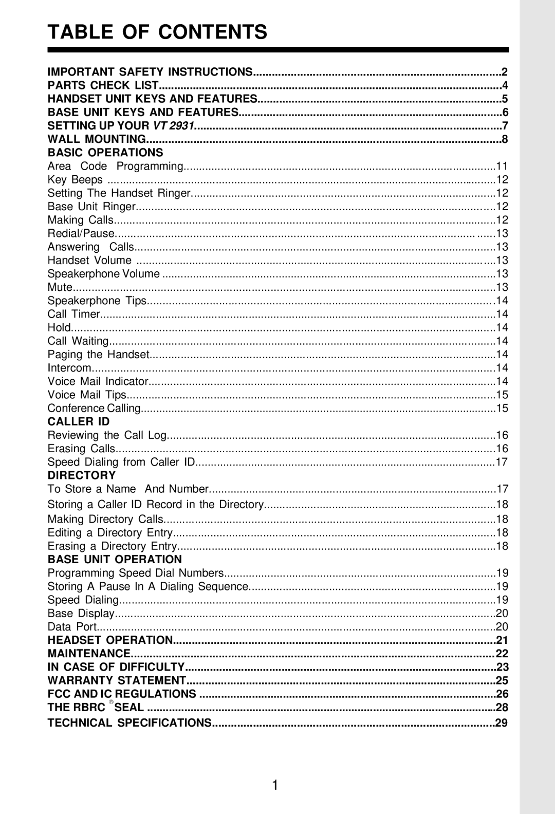 VTech VT 2931 important safety instructions Table of Contents 