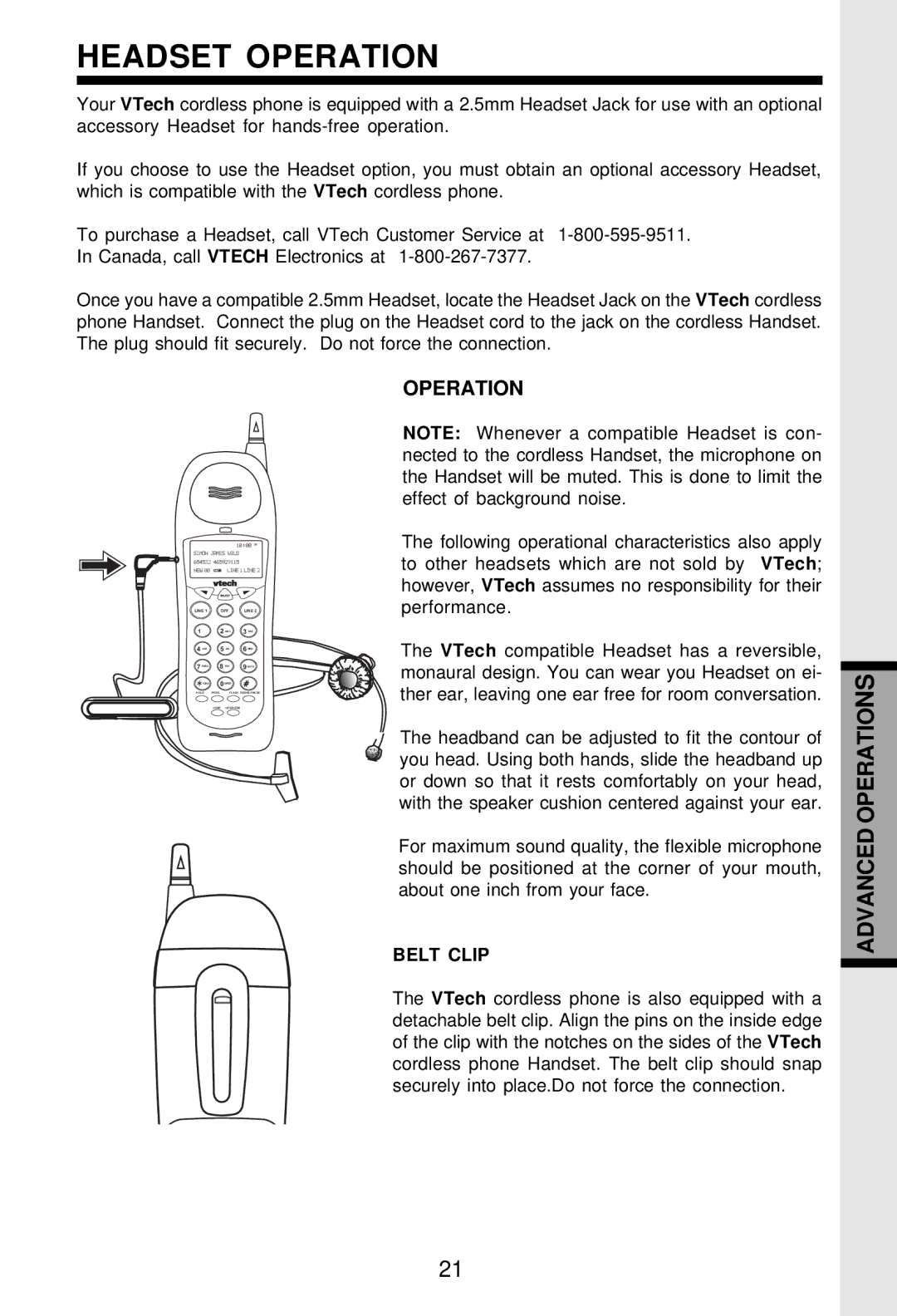 VTech VT 2931 important safety instructions Headset Operation, Belt Clip 