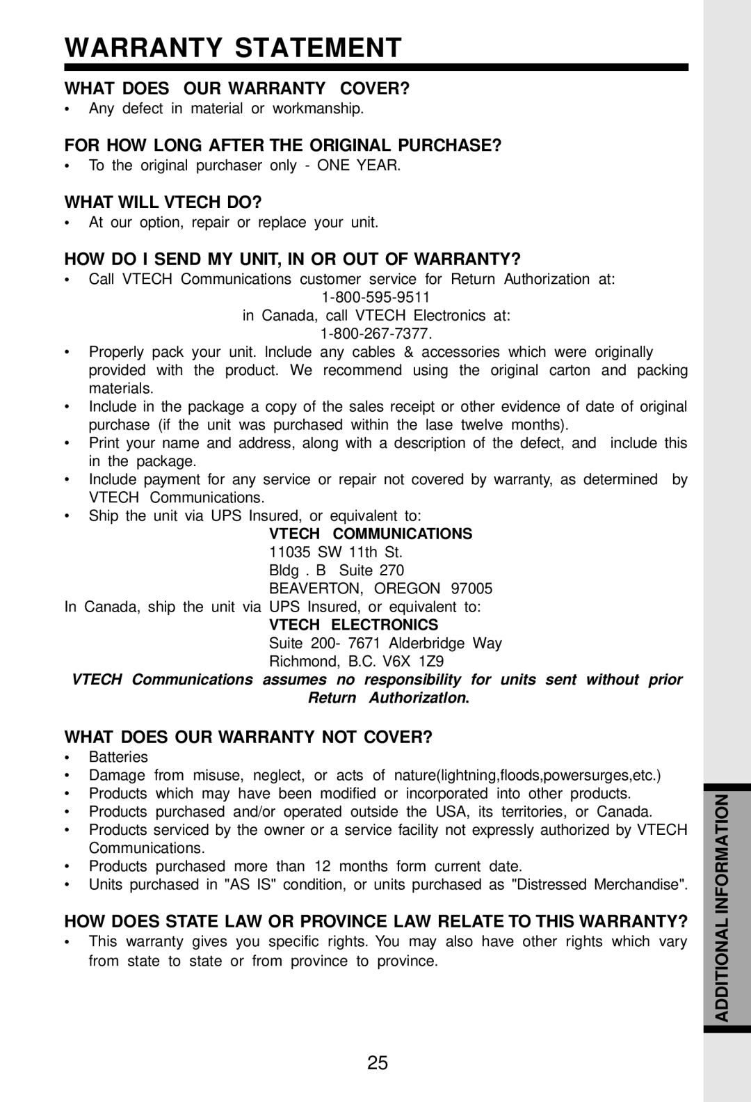 VTech VT 2931 important safety instructions Warranty Statement 