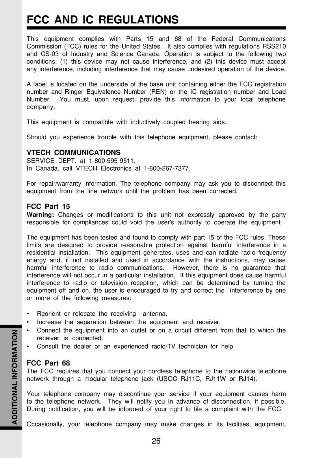 VTech VT 2931 important safety instructions FCC and IC Regulations, Vtech Communications, FCC Part 