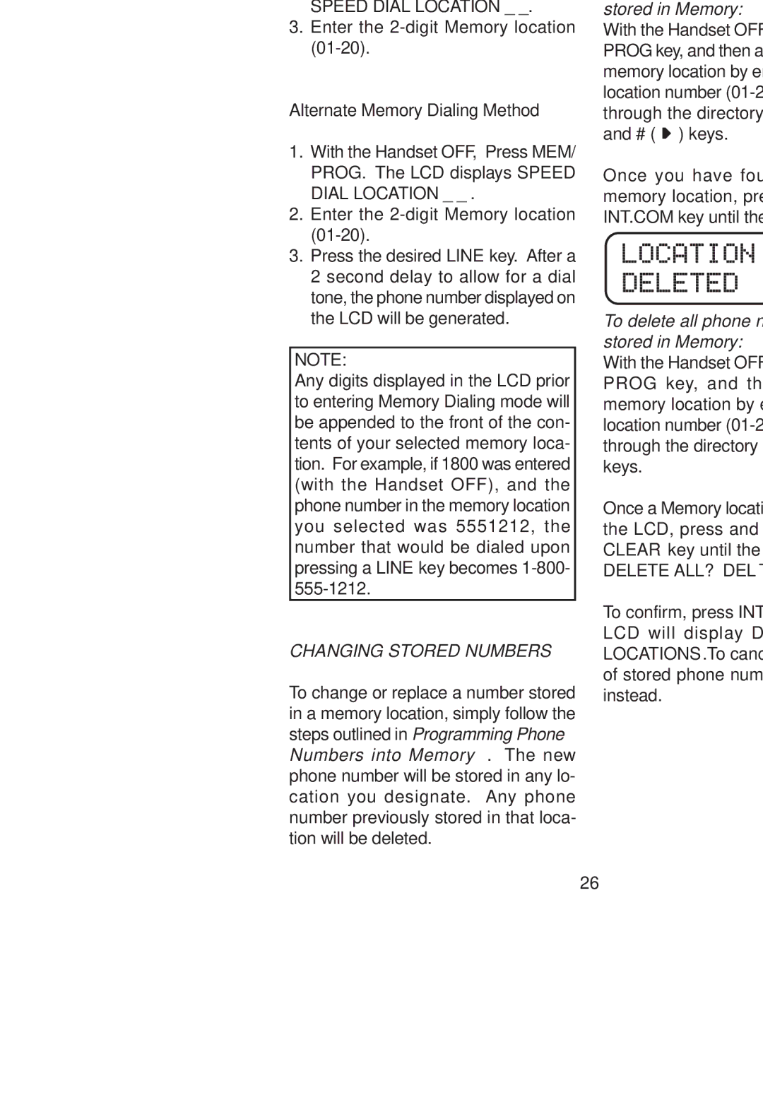 VTech VT 2960 instruction manual Speed Dial Location, Changing Stored Numbers, To delete all phone numbers stored in Memory 