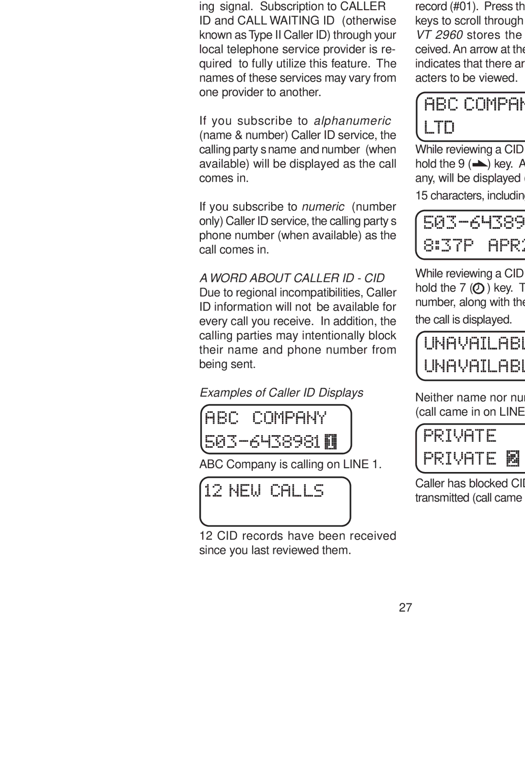 VTech VT 2960 Cid-Caller Id, Characters, including spaces, Call is displayed, Examples of Caller ID Displays 