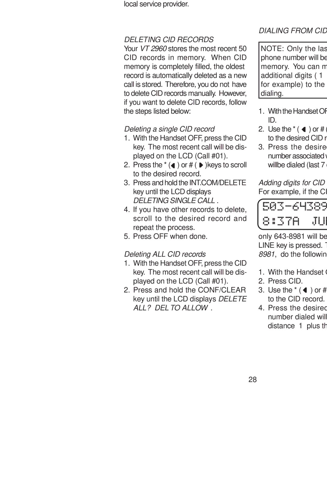 VTech VT 2960 Deleting CID Records, Deleting a single CID record, Deleting Single Call, Deleting ALL CID records 