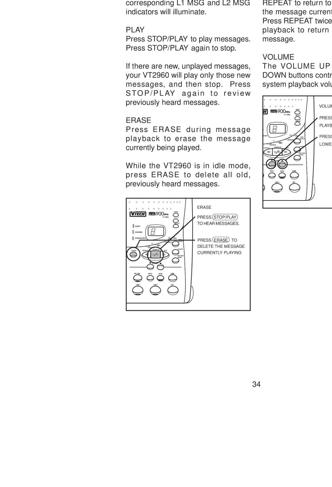 VTech VT 2960 instruction manual Selecting Lines for Message Playback, Skip, Repeat, Volume, Erase 