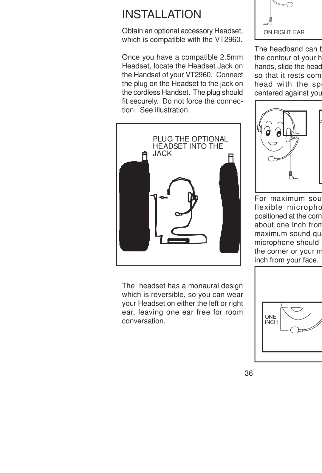 VTech VT 2960 instruction manual Headset Installation and Operating Instructions, Plug the Optional, Headset Into, Jack 