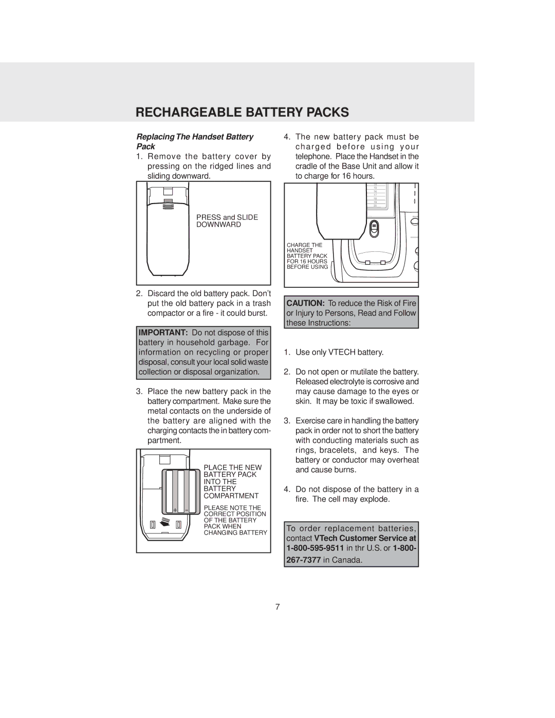 VTech VT 2960 instruction manual Replacing The Handset Battery Pack, Use only Vtech battery, 267-7377in Canada 