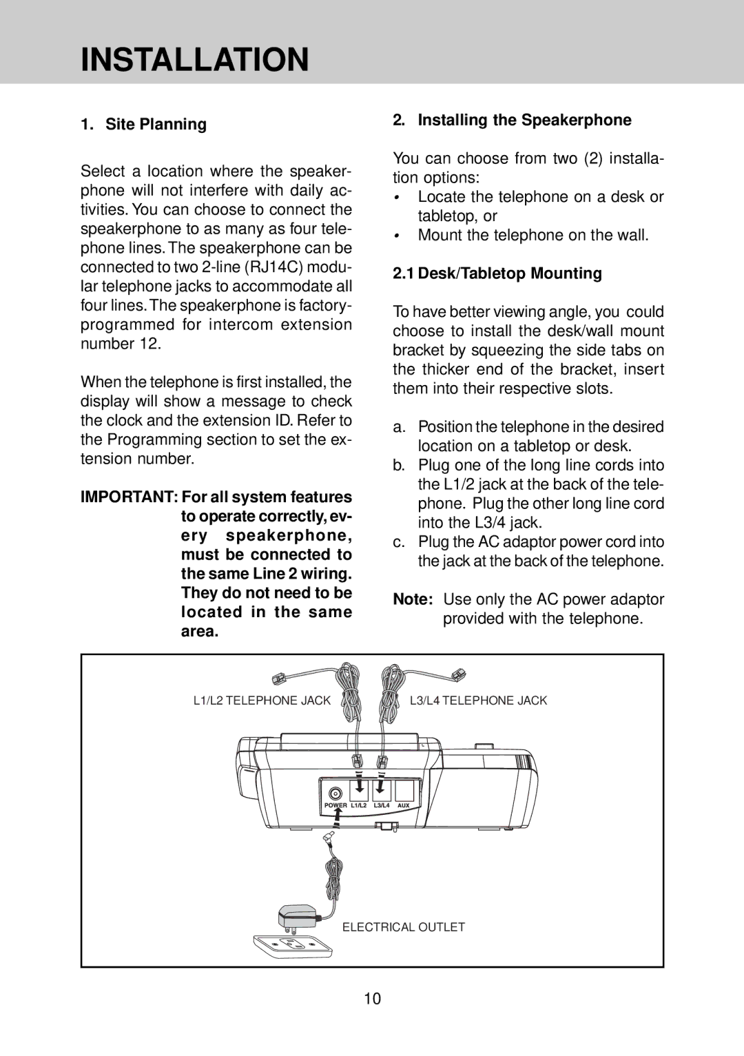 VTech VT 4121 manual Installation, Site Planning, Desk/Tabletop Mounting 