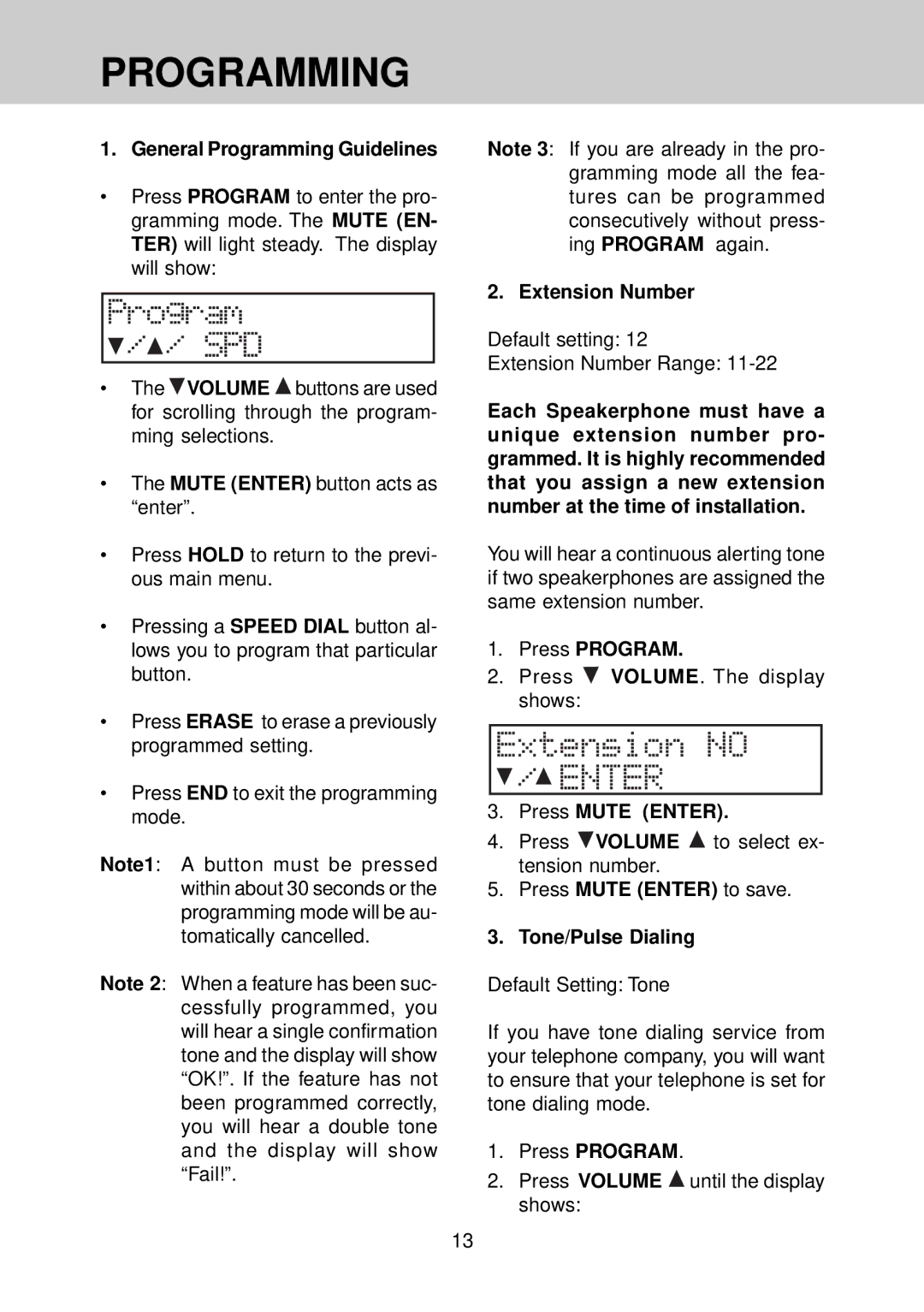 VTech VT 4121 manual General Programming Guidelines, Extension Number, Press Program, Press Mute Enter 