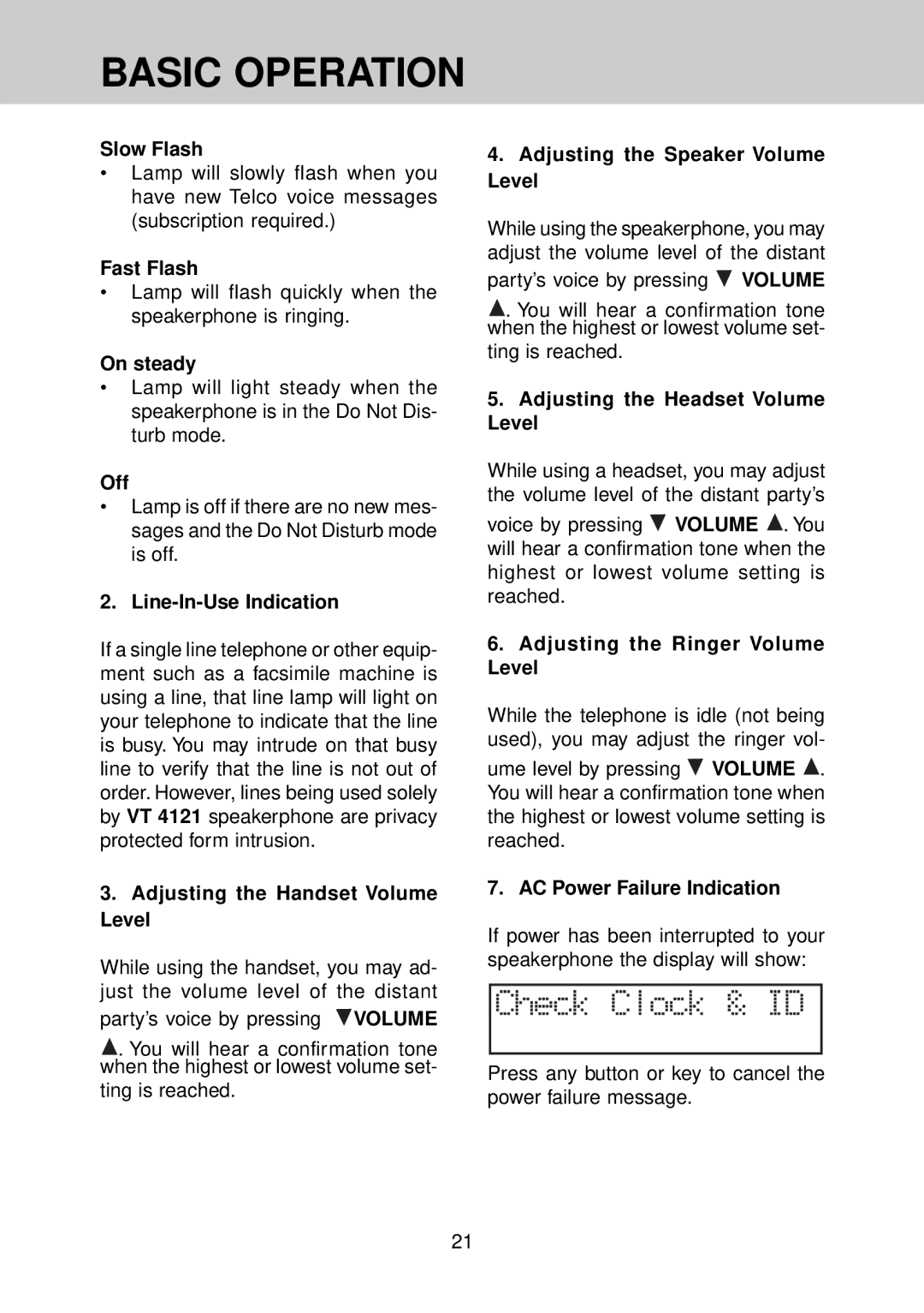 VTech VT 4121 manual Line-In-Use Indication, Adjusting the Handset Volume Level, Adjusting the Speaker Volume Level 