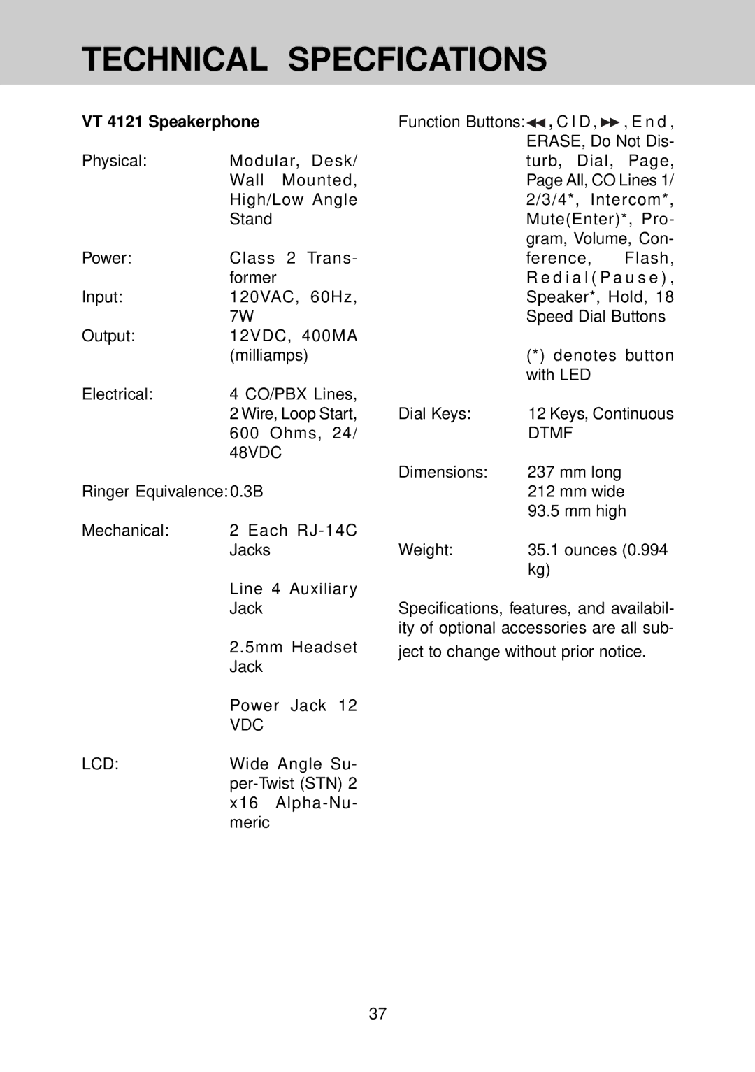 VTech manual Technical Specfications, VT 4121 Speakerphone 