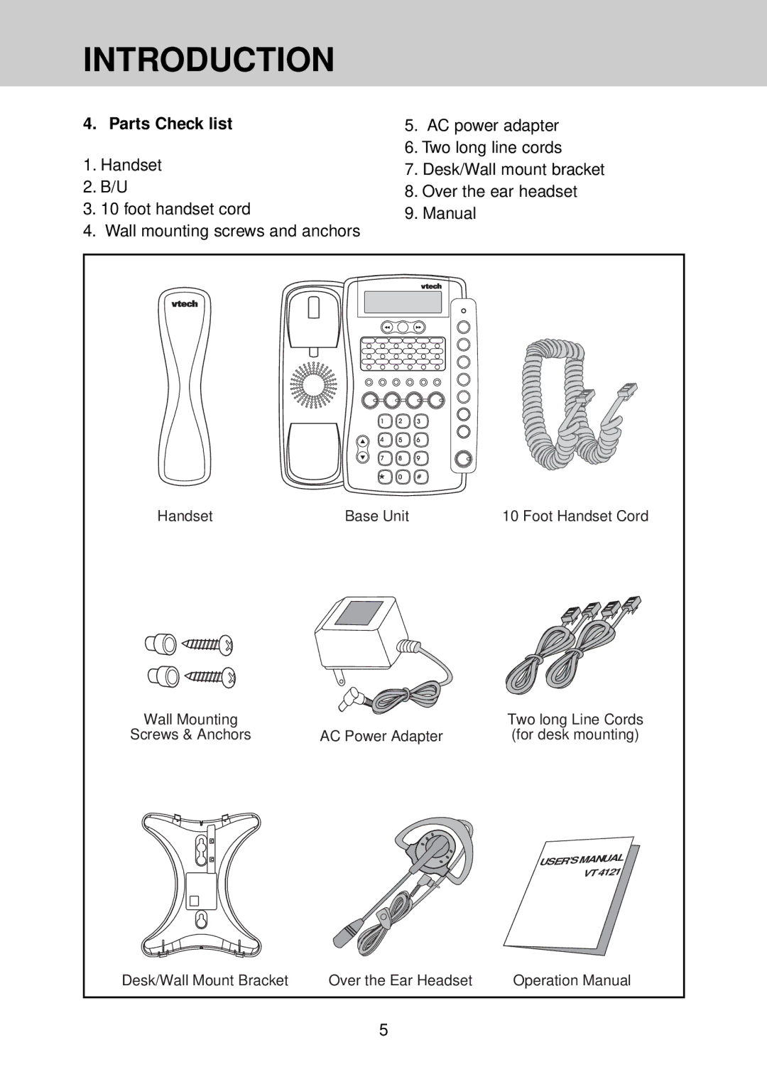 VTech VT 4121 manual Parts Check list, Foot handset cord Manual Wall mounting screws and anchors 